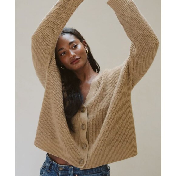 Jenni Kayne Cropped Cocoon Wool Cashmere Cardigan Sweater Camel Brown Size M - Picture 1 of 9